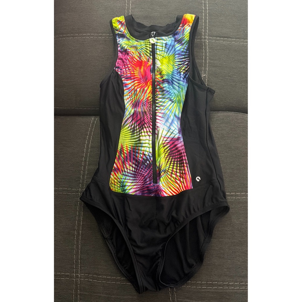 Next by Athena Womens One Piece Swimsuit Neon Palm Print Front Zip Black Medium